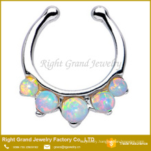 White 5 Prong Set Synthetic Fire Opal Stainless Steel Fake Septum Nose Ring Jewelry